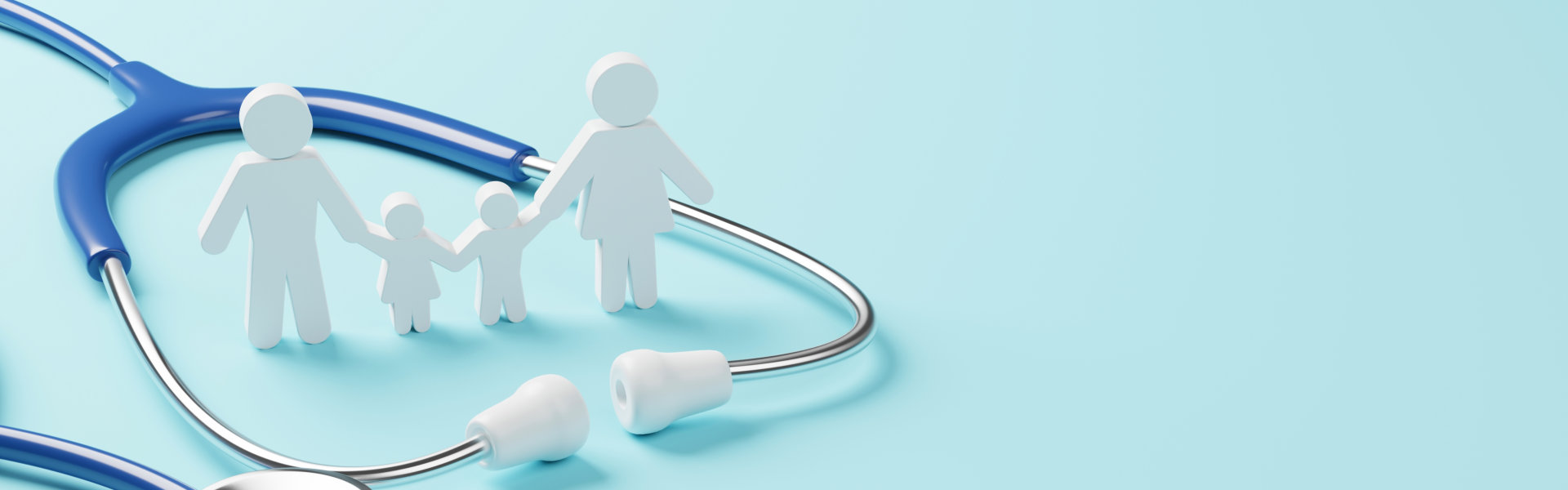 Top view of medical stethoscope and icon family on cyan background. Health care insurance concept
