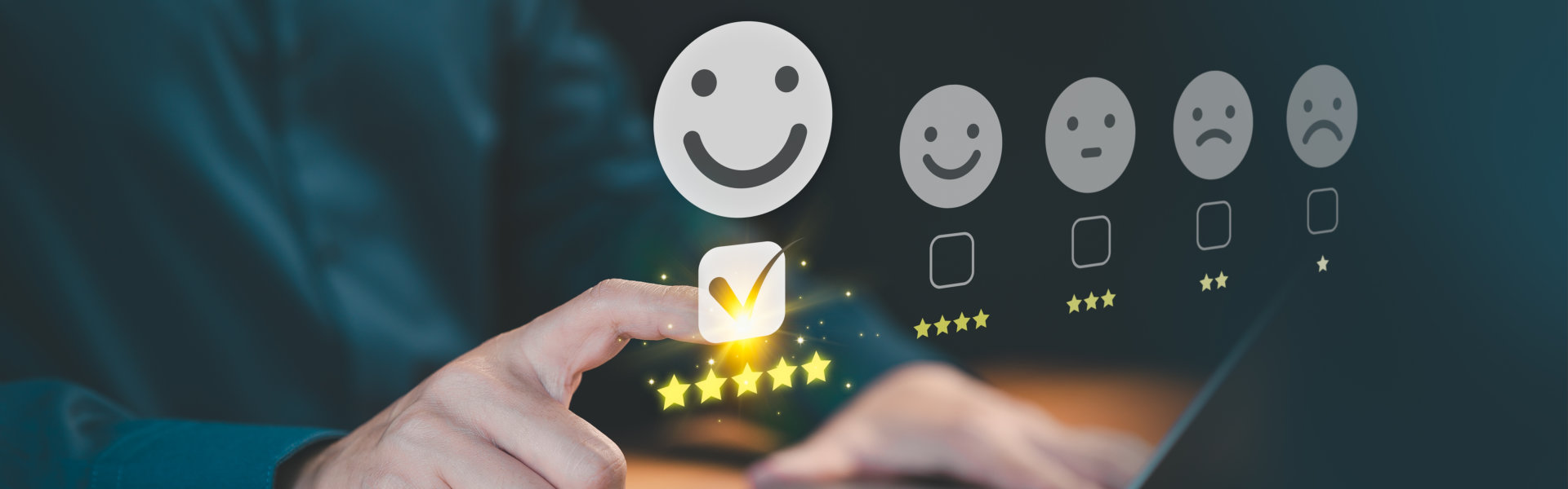 Customer selects a happy smile face icon on a virtual screen on a laptop